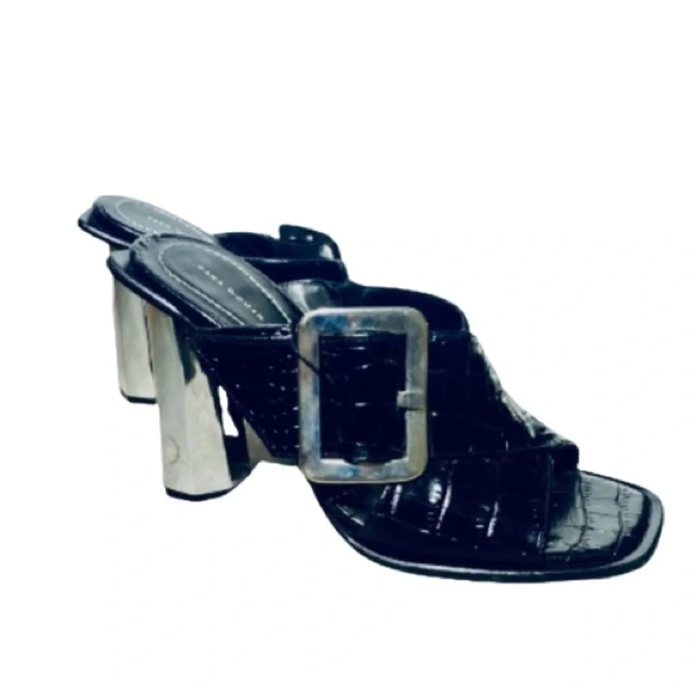 Zara Embossed Crossover Leather Metallic Chrome Mules Sandals High Heels 7.5 - Picture 13 of 14
